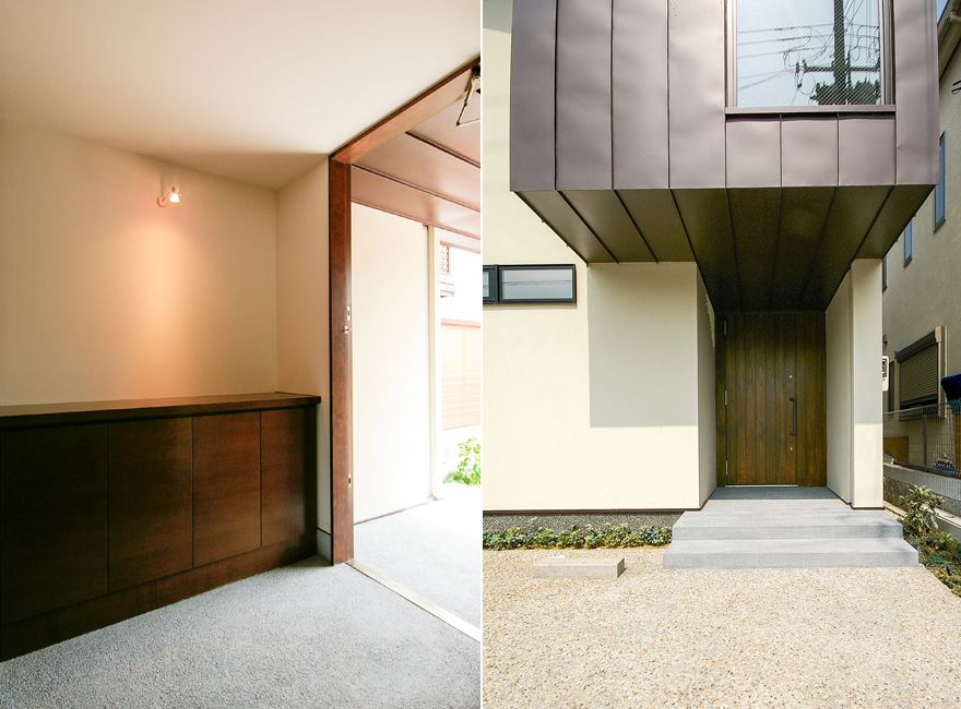 尼崎市築地に建つ中庭のある家｜作り付けの下足箱/杉板貼の玄関扉